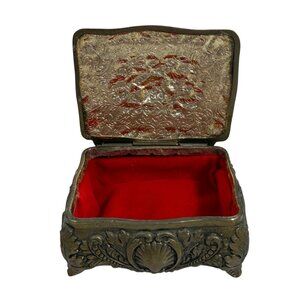 Vintage Trinket Box Footed Casket Hinged Floral Seashell Red Velvet Lining Japan